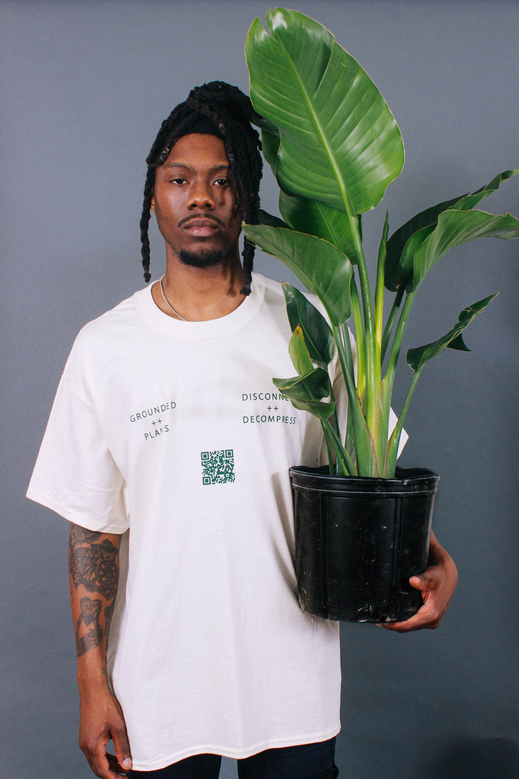 A man holds a Bird of Paradise plant that reaches over his head.