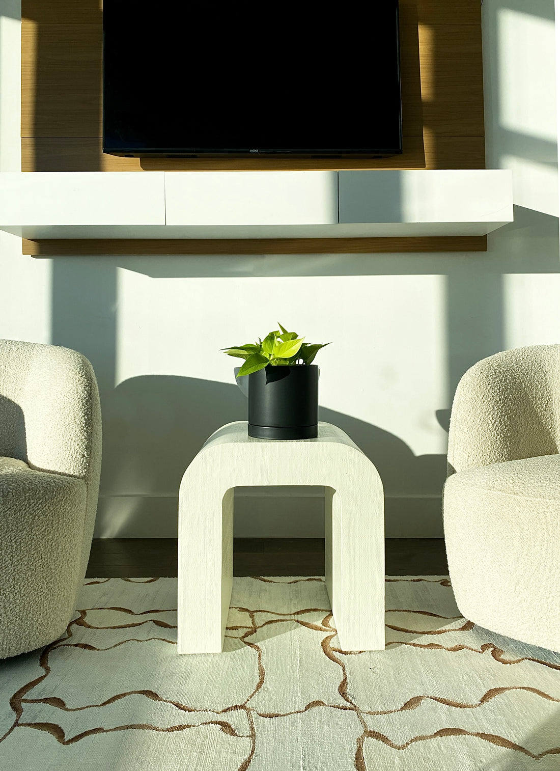 A plant sits at the table of a new home.